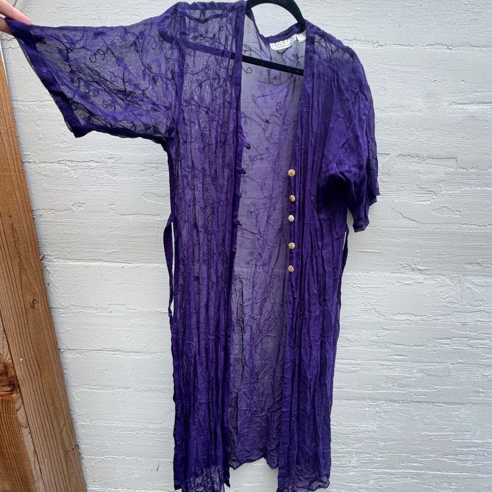 Lolette Maxi Dress XL Purple Sheer Embroidered Kimono Robe Fairy Boho Vintage